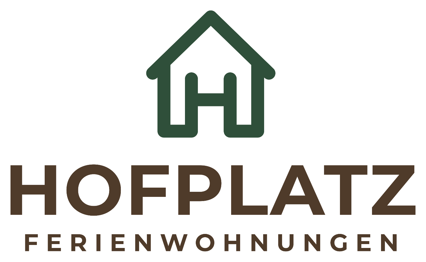 Hofplatz Ferienwohnungen – Logo mit grünem Haus-Signet und braunem Schriftzug