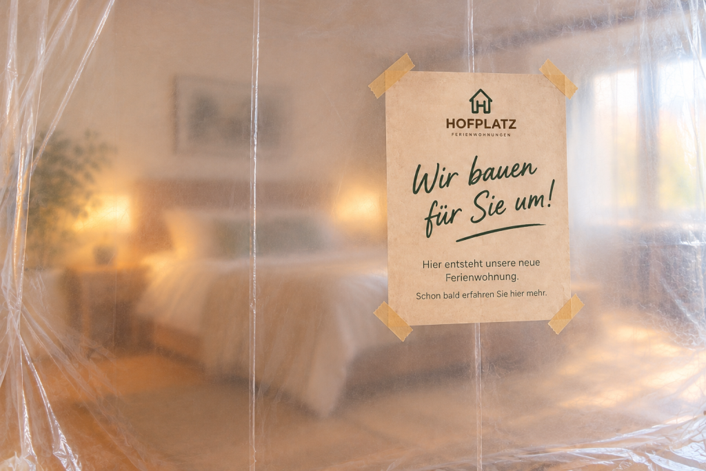 Blick durch eine lichtdurchlässige Baufolie auf eine gemütliche Ferienwohnung mit dem Hinweis „Wir bauen für Sie um!“