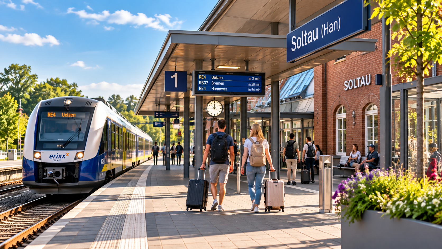 Bahnhof mit Regionalzug und Bahnsteig als Symbol für die Anreise nach Soltau
