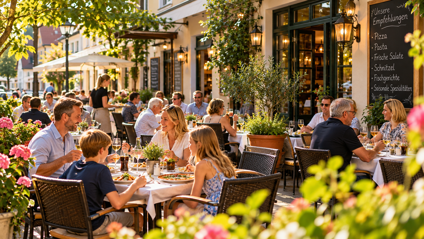 Gemütliche Restaurantterrasse mit Gästen, Speisen und Getränken