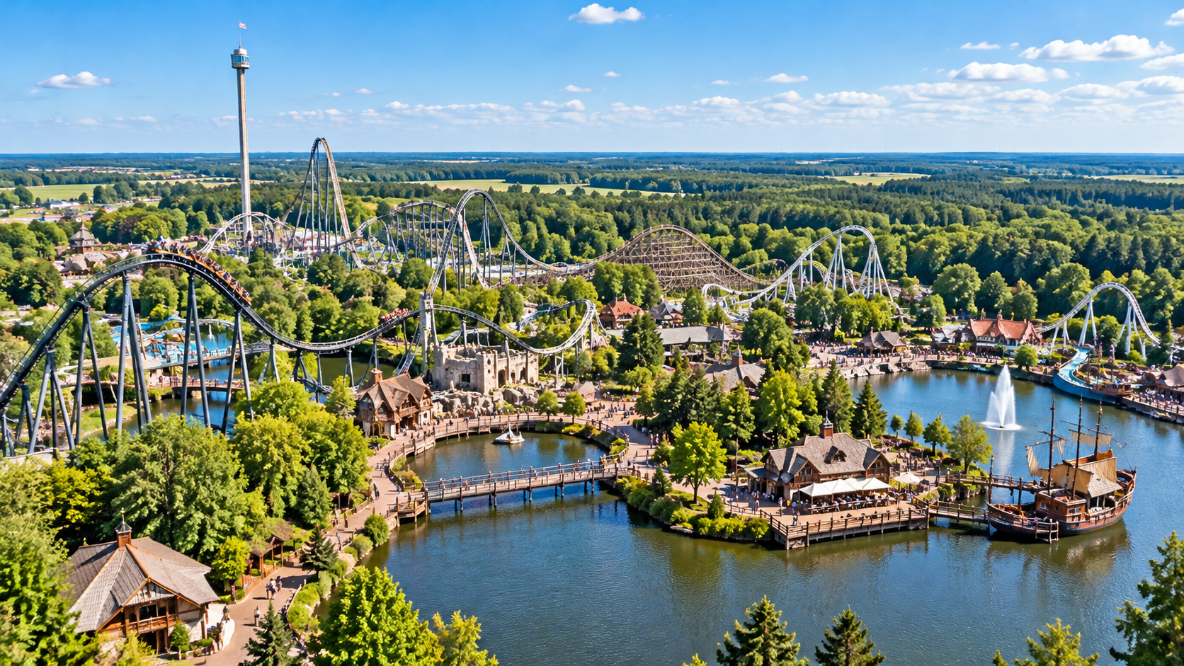Luftansicht eines Freizeitparks mit Achterbahnen und Wasserlandschaft