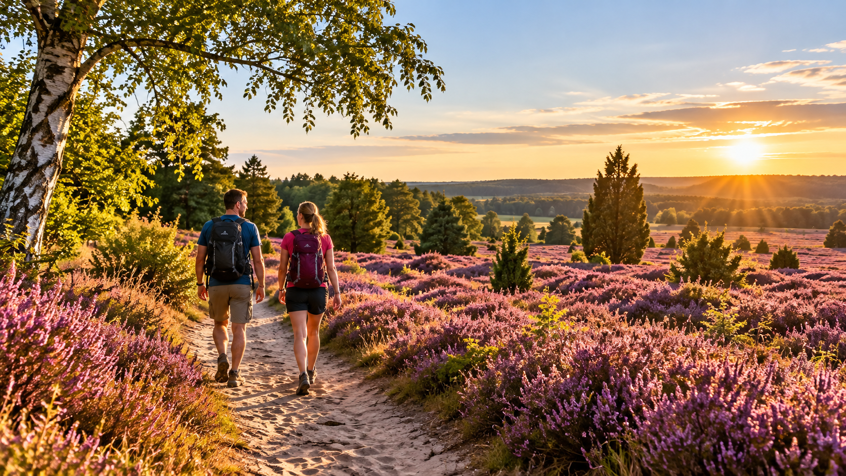 Wanderer auf einem Weg durch eine blühende Heidelandschaft