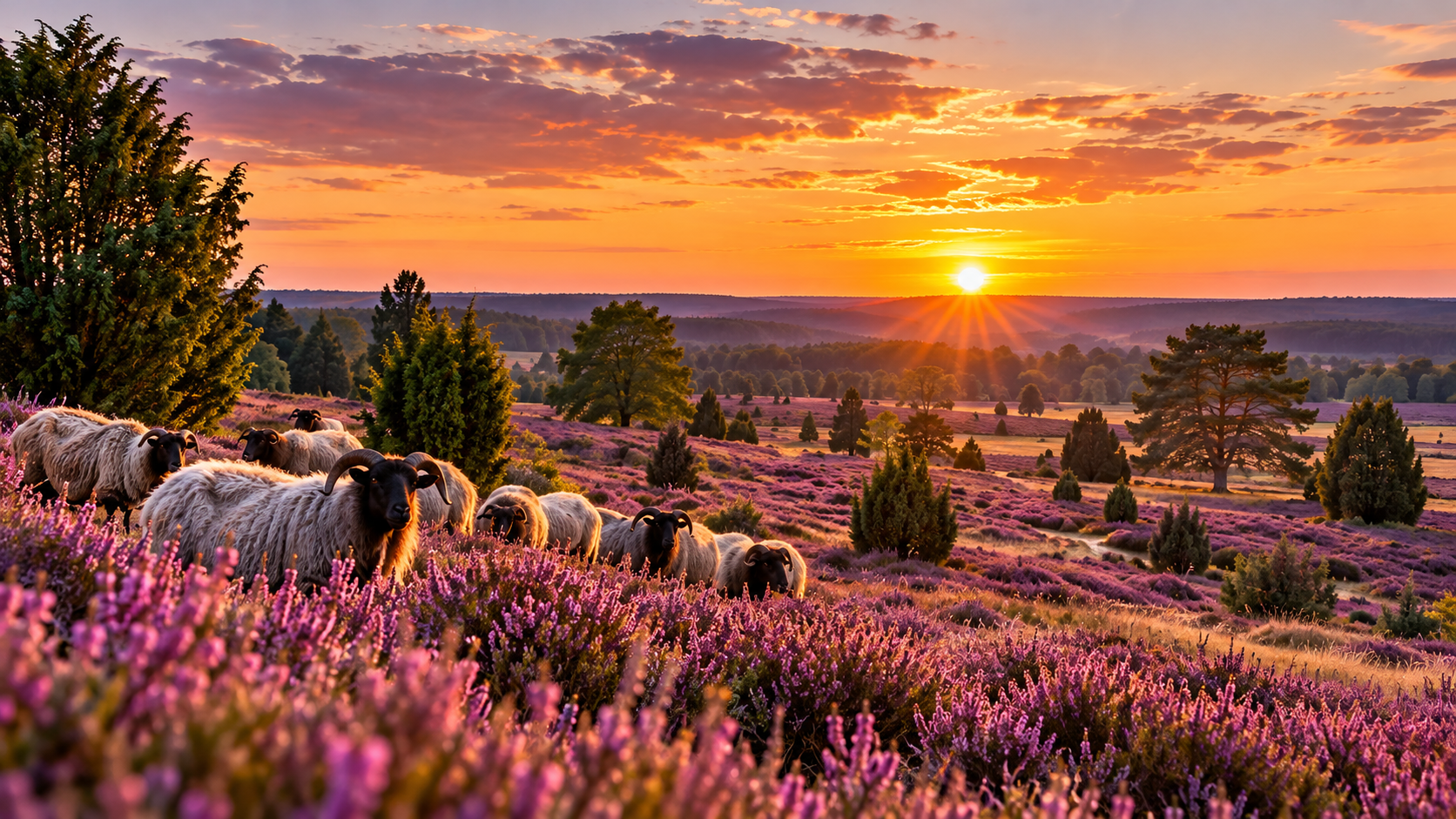 Heidschnucken in einer blühenden Heidelandschaft der Lüneburger Heide bei warmem Sonnenuntergang