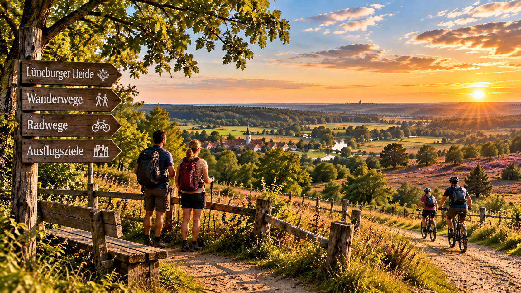 Wanderer und Radfahrer in einer norddeutschen Landschaft mit Wegweisern zu Wanderwegen, Radwegen und Ausflugszielen