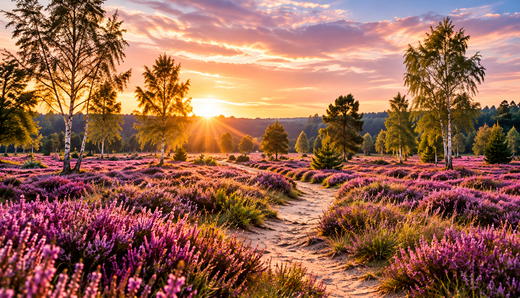 Blühende violette Heideflächen mit sandigem Wanderweg und Birken in der Lüneburger Heide